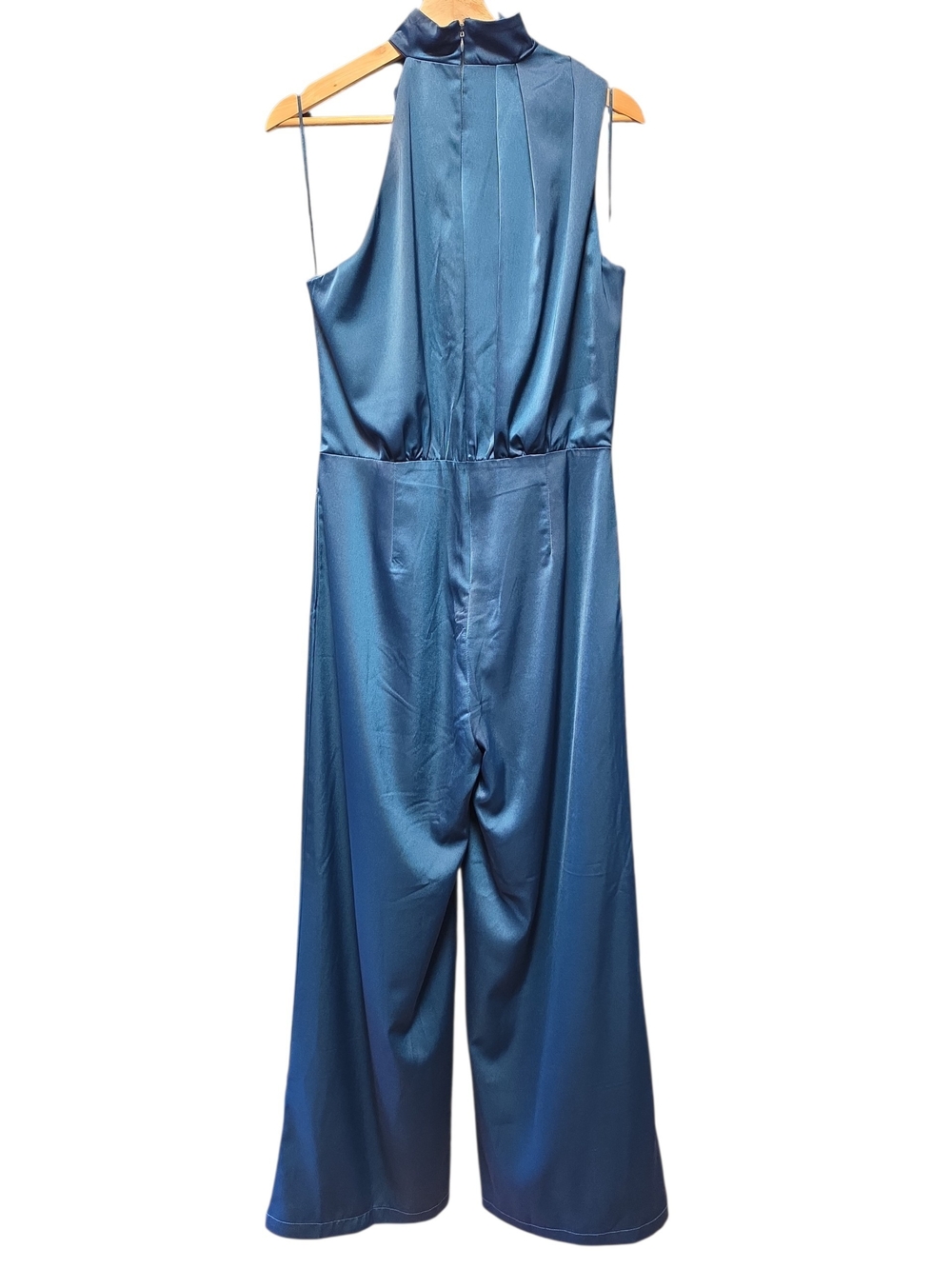 Lena Satin High-Neck Blue Wide-Leg Jumpsuit Sz L